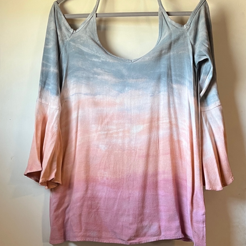 Hard Tail Ombre Cold-Shoulder V-Neck Tunic in Blue, Peach, Pink